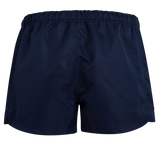 The Women's Canterbury Advantage Pro Rugby Shorts, by Canterbury, are navy blue with an elastic waistband and polyester construction for improved moisture management and shown from the back.