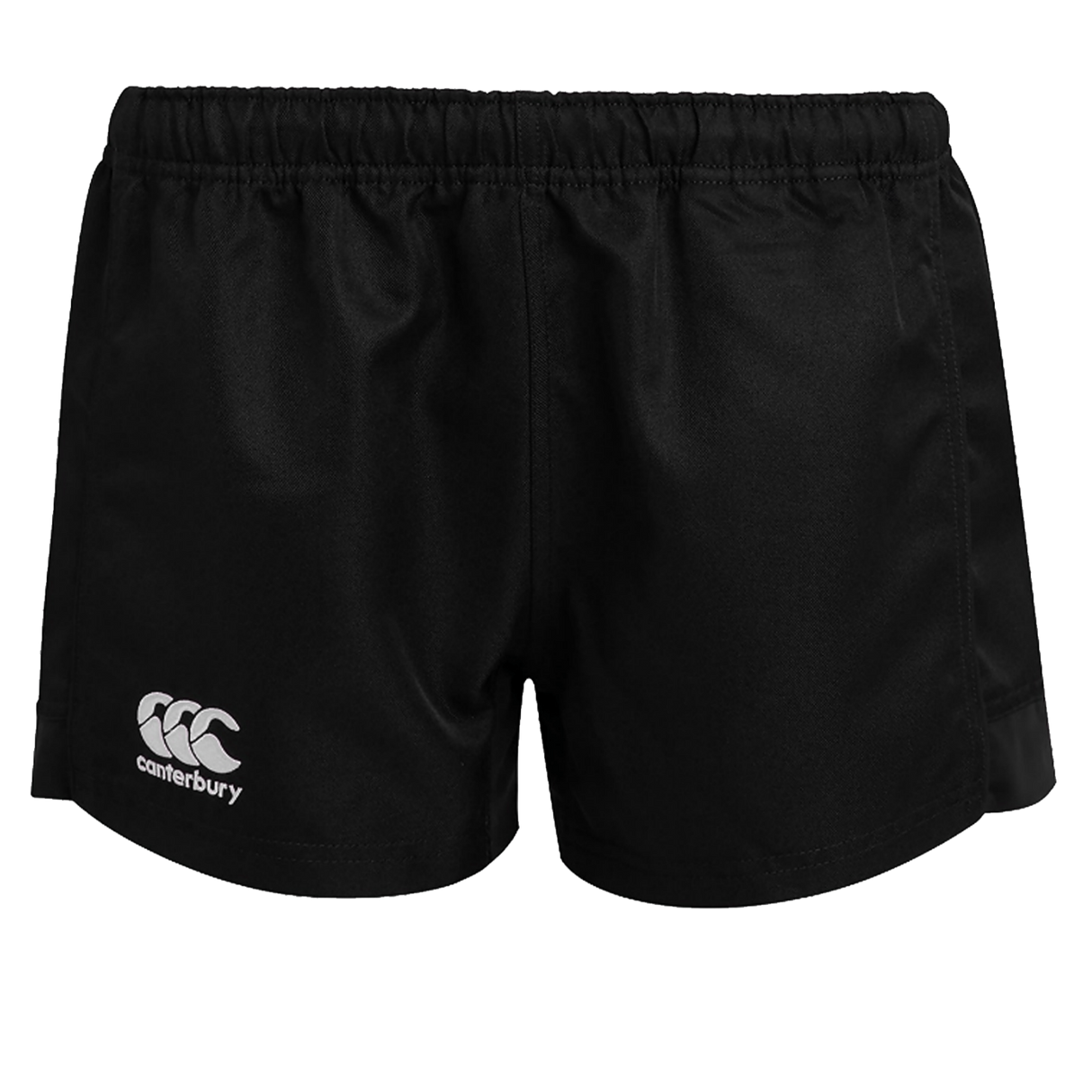 The Women's Canterbury Advantage Pro Rugby Shorts feature an elastic waistband and are made from polyester for optimal moisture management. They are black with a white brand logo on the left leg.
