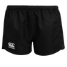 The Women's Canterbury Advantage Pro Rugby Shorts feature an elastic waistband and are made from polyester for optimal moisture management. They are black with a white brand logo on the left leg.