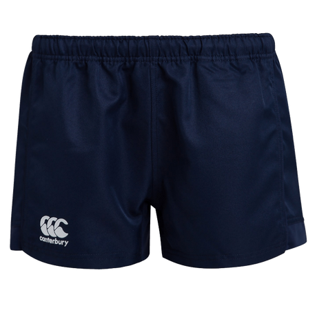 The Women's Canterbury Advantage Pro Rugby Shorts in navy feature an elastic waistband and a white Canterbury logo on the front left, crafted from durable polyester for effective moisture management during intense play.