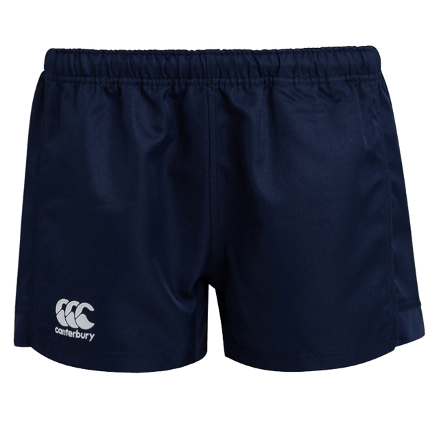 The Women's Canterbury Advantage Pro Rugby Shorts in navy feature an elastic waistband and a white Canterbury logo on the front left, crafted from durable polyester for effective moisture management during intense play.