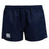 The Women's Canterbury Advantage Pro Rugby Shorts in navy feature an elastic waistband and a white Canterbury logo on the front left, crafted from durable polyester for effective moisture management during intense play.