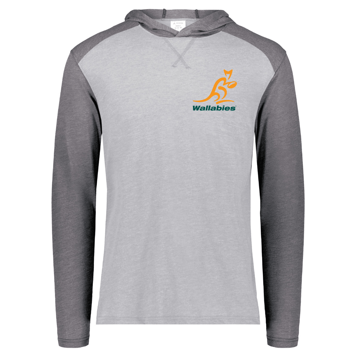 Grey/Dark Grey raglan, long sleeve t-shirt hoodie with gold and green Wallabies logo over heart.