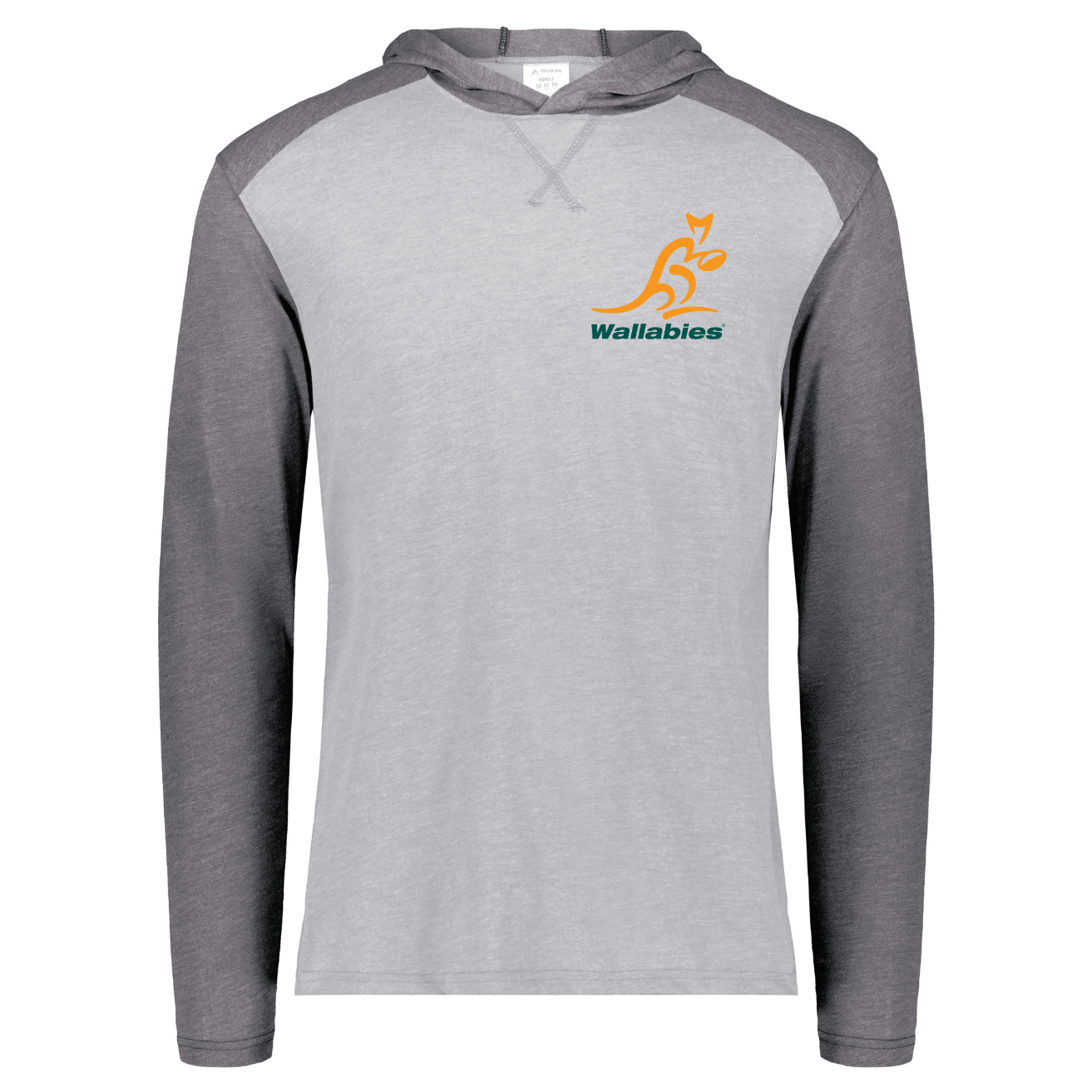 Grey/Dark Grey raglan, long sleeve t-shirt hoodie with gold and green Wallabies logo over heart.