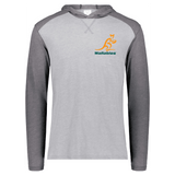 Grey/Dark Grey raglan, long sleeve t-shirt hoodie with gold and green Wallabies logo over heart.