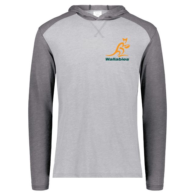 Grey/Dark Grey raglan, long sleeve t-shirt hoodie with gold and green Wallabies logo over heart.