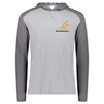 Grey/Dark Grey raglan, long sleeve t-shirt hoodie with gold and green Wallabies logo over heart.