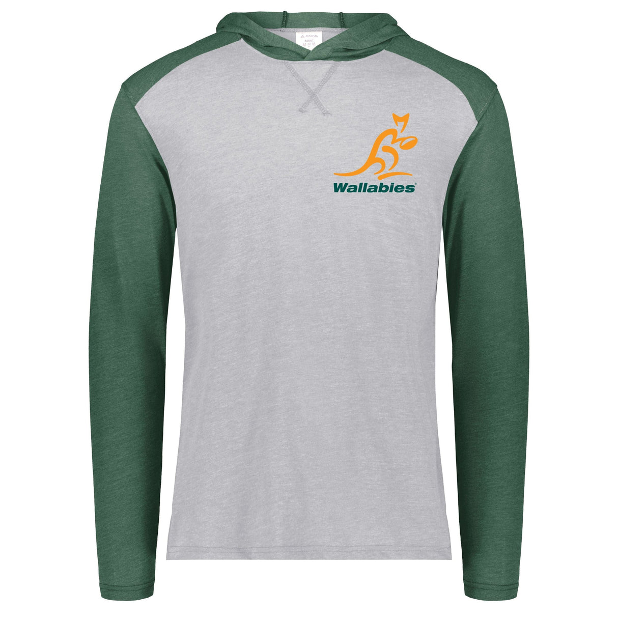 Grey/Dark Green raglan, long sleeve t-shirt hoodie with gold and green Wallabies logo over heart.