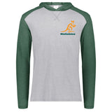 Grey/Dark Green raglan, long sleeve t-shirt hoodie with gold and green Wallabies logo over heart.