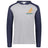 Grey/Navy raglan, long sleeve t-shirt hoodie with gold and green Wallabies logo over heart.