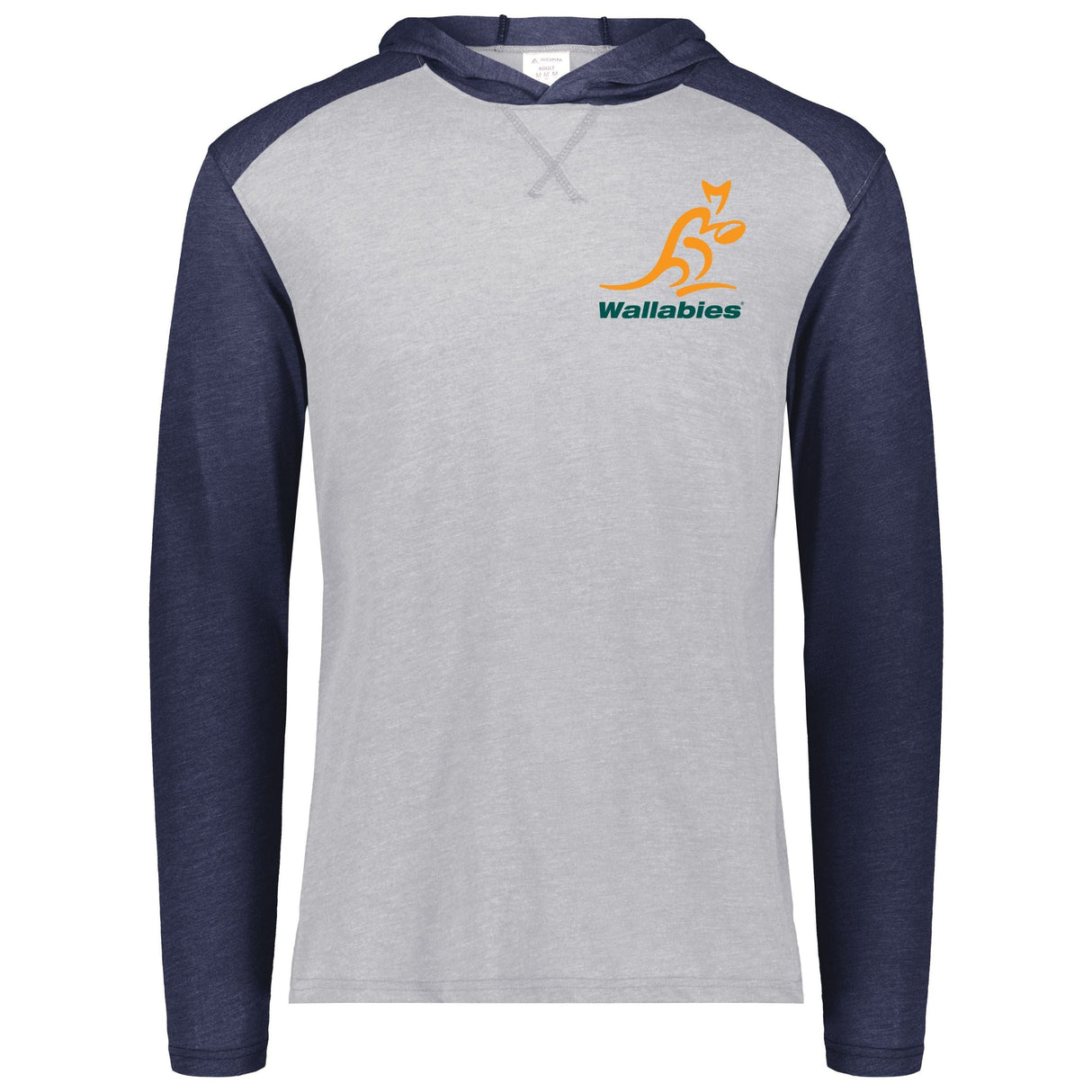 Grey/Navy raglan, long sleeve t-shirt hoodie with gold and green Wallabies logo over heart.