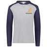 Grey/Navy raglan, long sleeve t-shirt hoodie with gold and green Wallabies logo over heart.