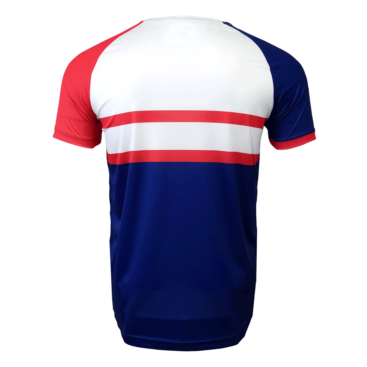 back of nations of rugby samoa short sleeve t-shirt with crew neck in salmon red, white and blue