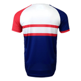 back of nations of rugby samoa short sleeve t-shirt with crew neck in salmon red, white and blue
