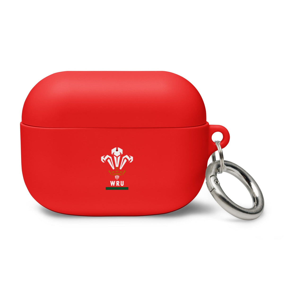 A red Wales Rugby Union AirPods case with a metal keychain attached to it.