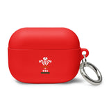 A red Wales Rugby Union AirPods case with a metal keychain attached to it.