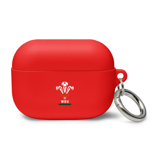 A red Wales Rugby Union AirPods case with a metal keychain attached to it.