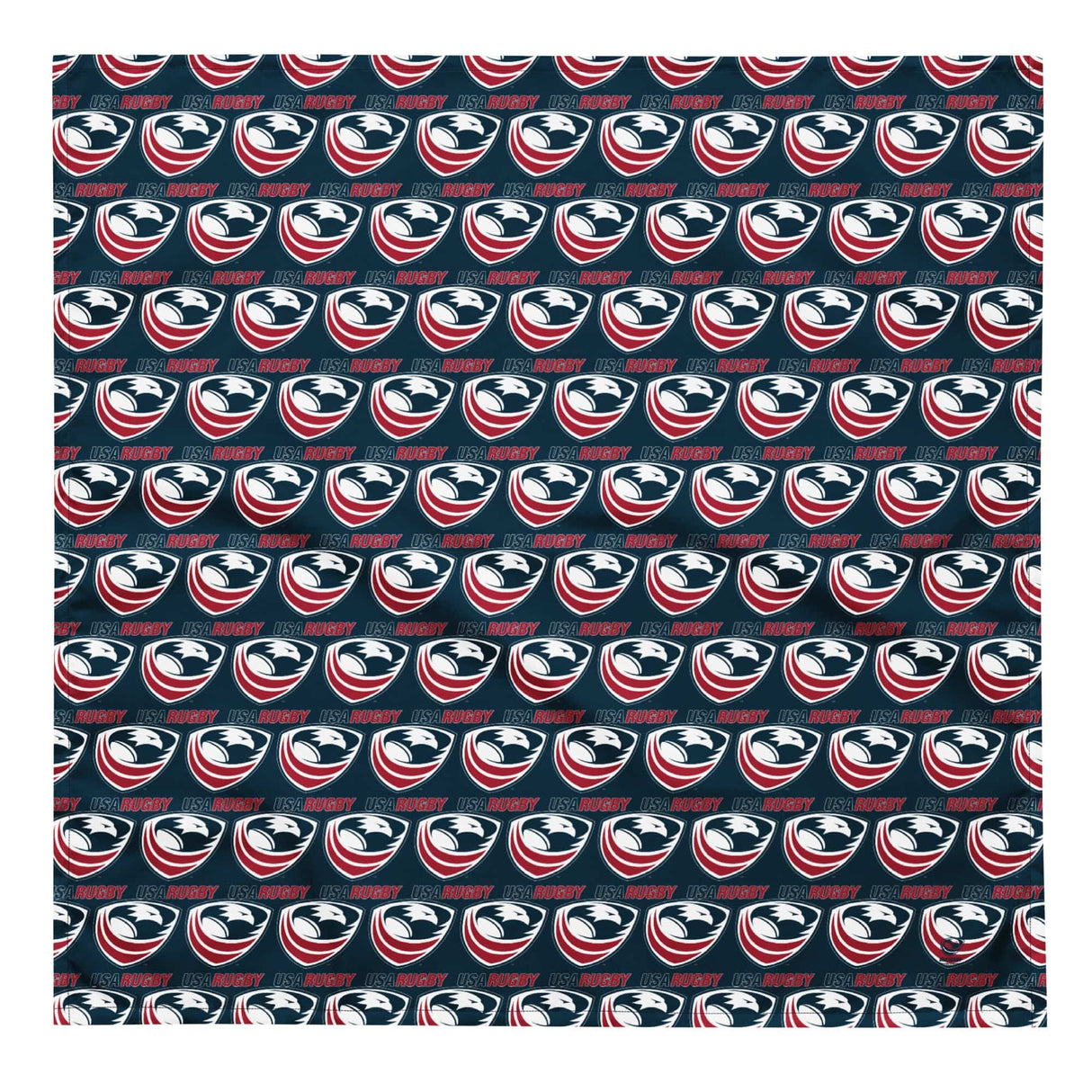Navy bandana with a pattern of USA Rugby logos throughout.