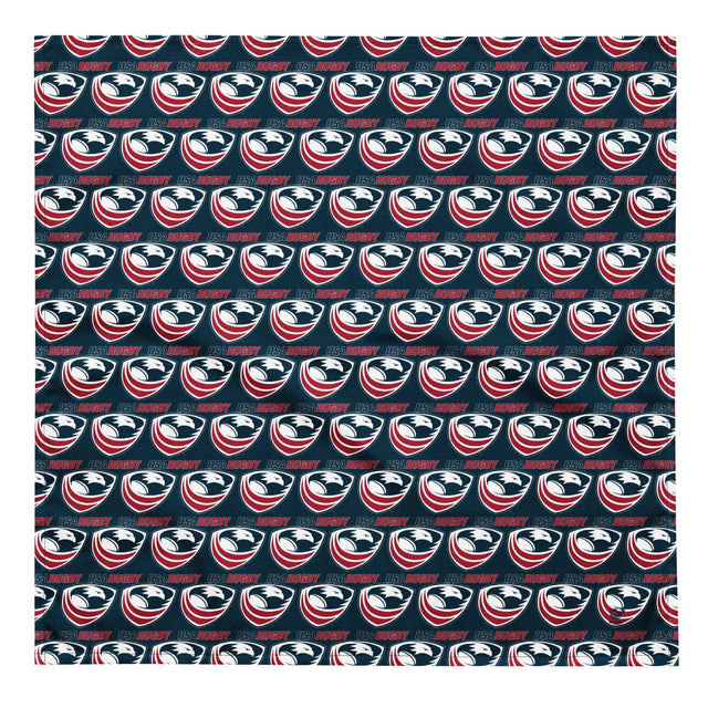 Navy bandana with a pattern of USA Rugby logos throughout.