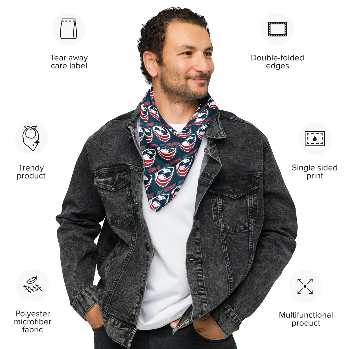 Man in a jean jacket and white tee wearing a USA Rugby bandana around his neck. Item features listed around the man.