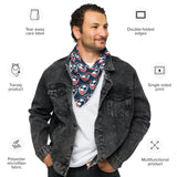 Man in a jean jacket and white tee wearing a USA Rugby bandana around his neck. Item features listed around the man.