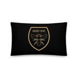 A Rugby Hive Basic Pillow with black and gold colors and a bee picture on it.