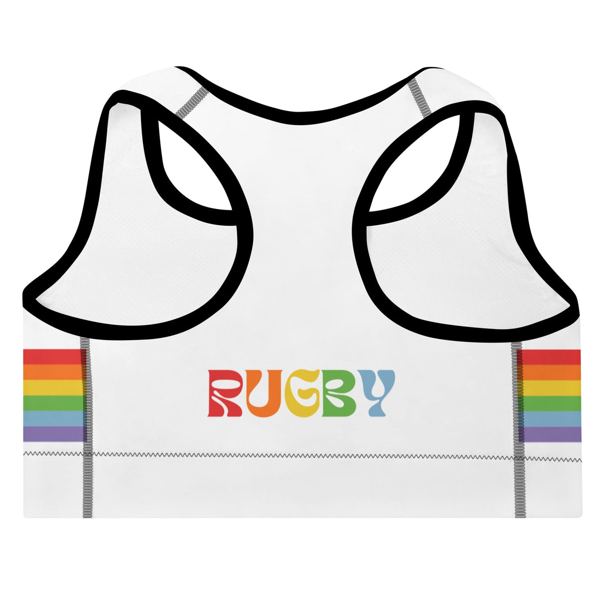 Back of white sports bra with black piping, rainbow stripes on each side and a multi-colored 'RUGBY' inscription across the center. 