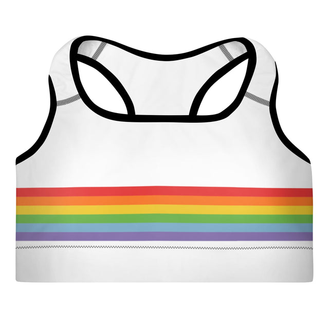 White sports bra with black piping and rainbow colored stripes across the middle. 