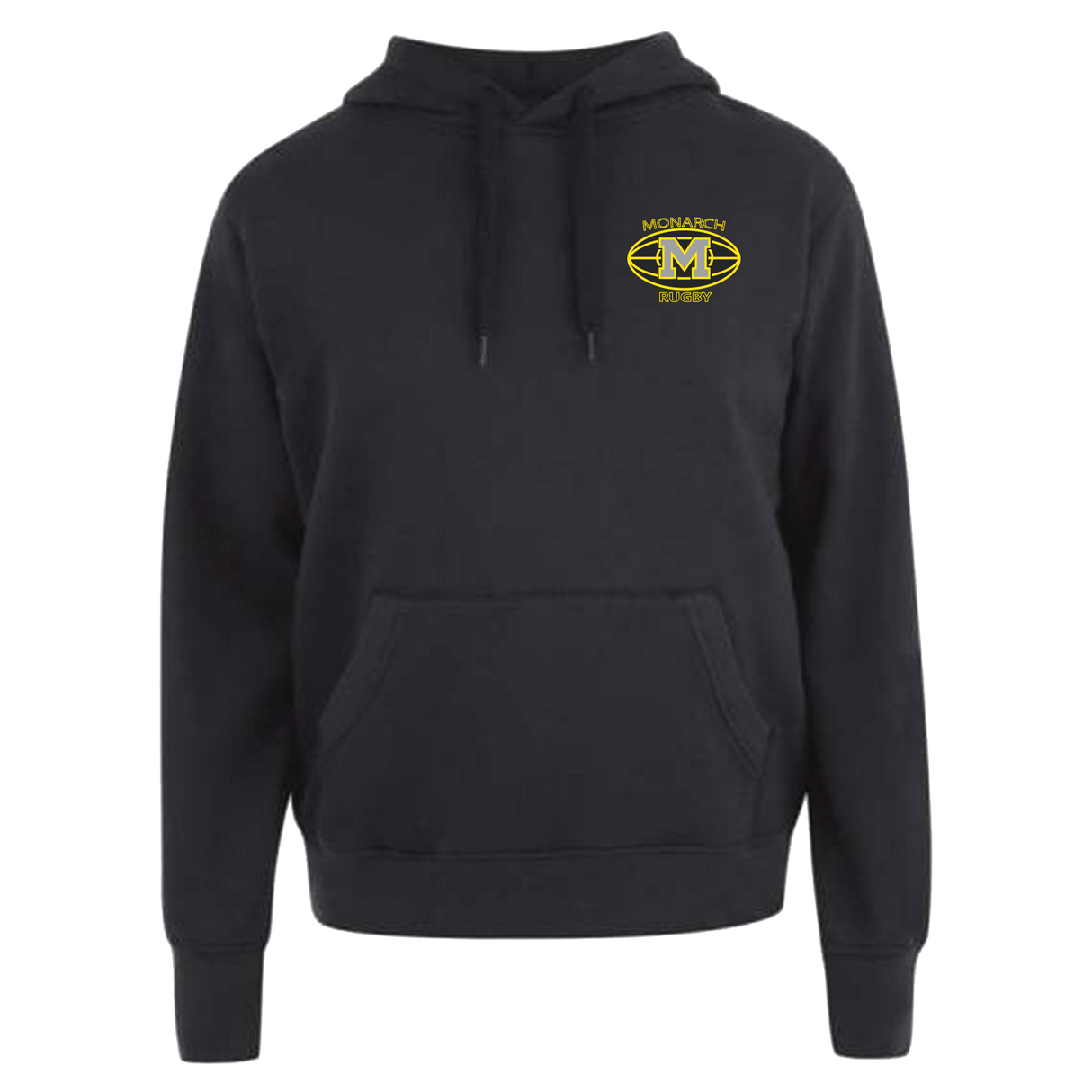 A Monarch Rugby Canterbury Black Team Hoodie with the m logo on it.