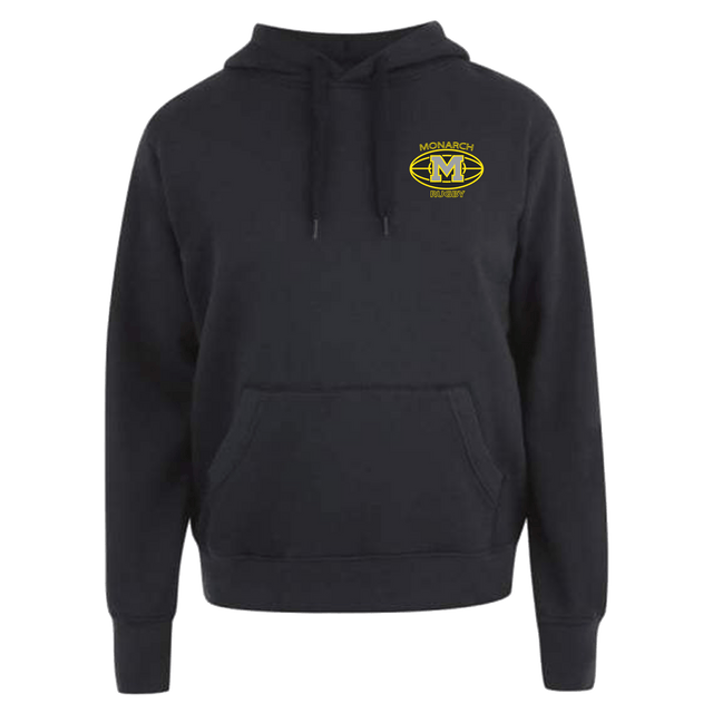 A Monarch Rugby Canterbury Black Team Hoodie with the m logo on it.