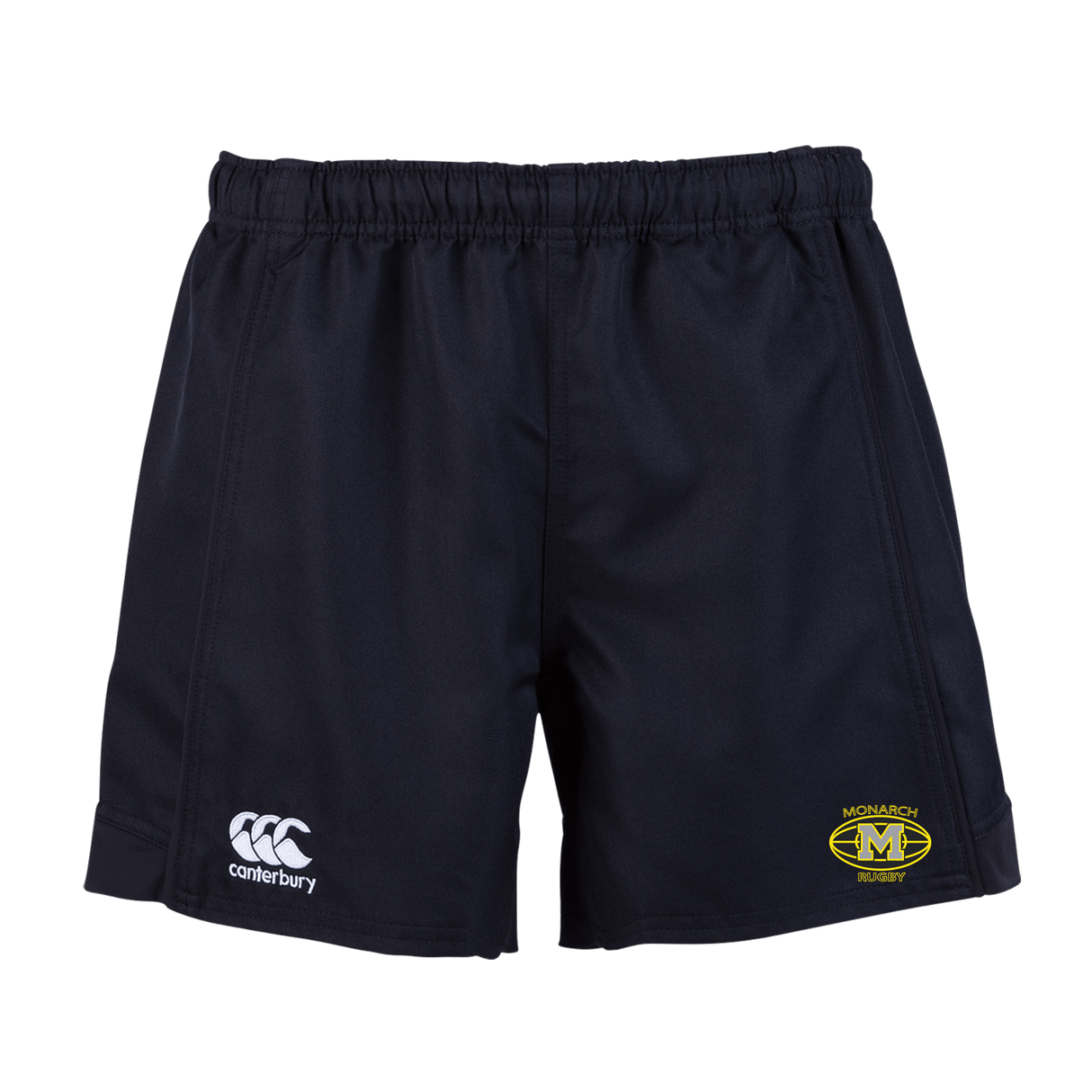 A Monarch Rugby Canterbury Women's Black Advantage rugby shorts with a white and yellow logo on the side.