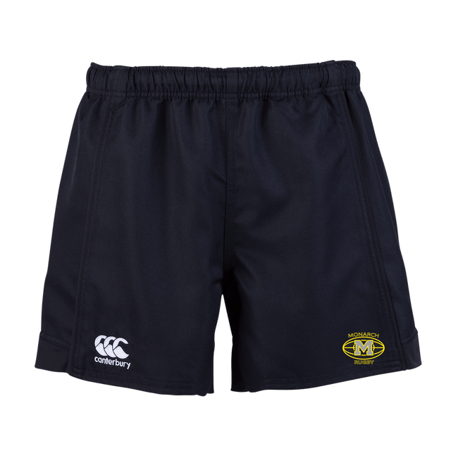A Monarch Rugby Canterbury Women's Black Advantage rugby shorts with a white and yellow logo on the side.