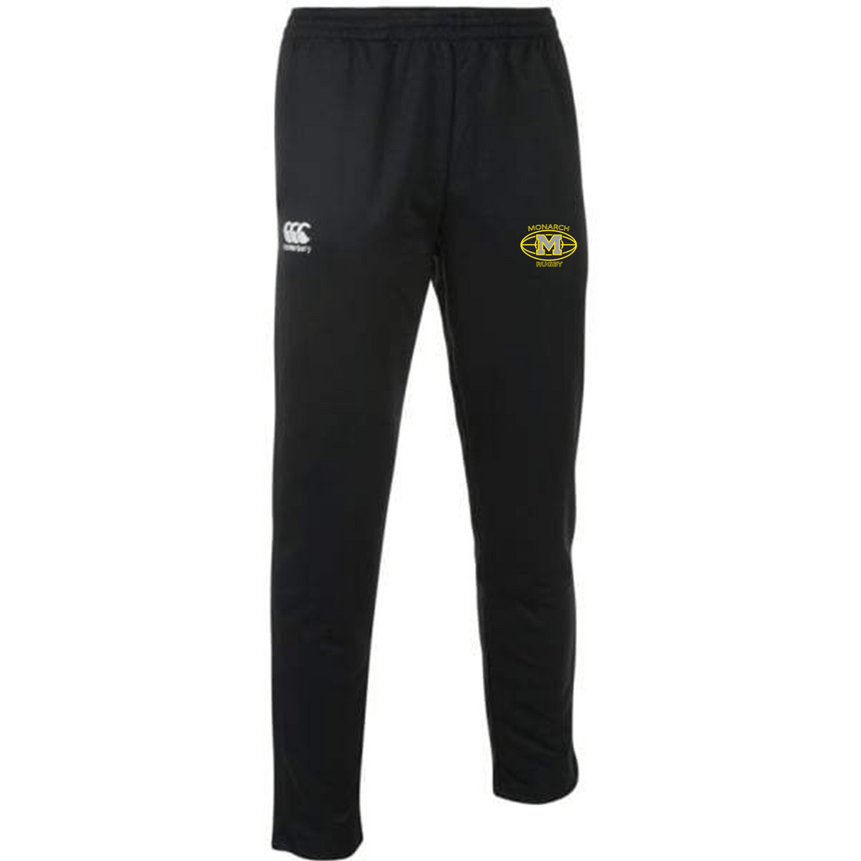 Monarch Rugby Canterbury Black Stretch Tapered Pants with a yellow and white logo.