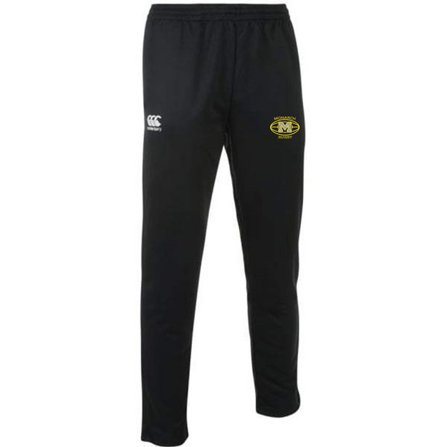 Monarch Rugby Canterbury Black Stretch Tapered Pants with a yellow and white logo.