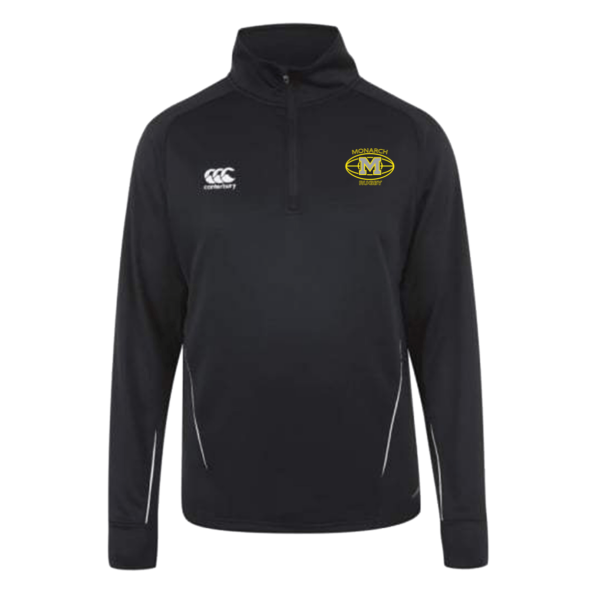 Monarch Rugby Canterbury Team 1/4 Zip Mid Layer Black Rugby Training Top with a yellow and white rugby badge.