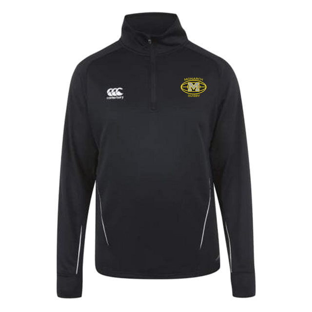 Monarch Rugby Canterbury Team 1/4 Zip Mid Layer Black Rugby Training Top with a yellow and white rugby badge.