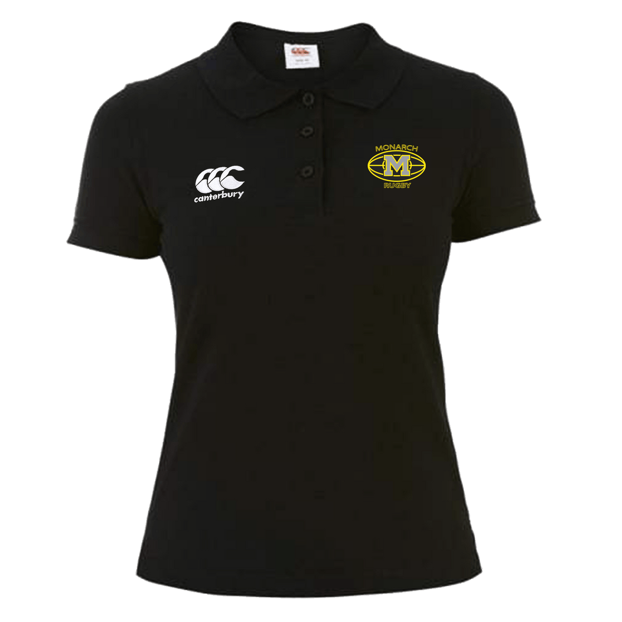 A Monarch Rugby Canterbury Women's Black Waimak Rugby Polo with a white and yellow logo.