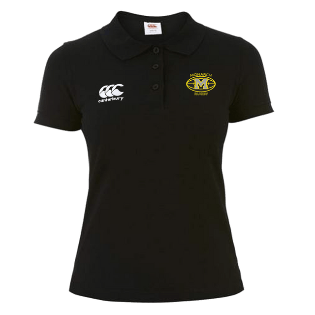 A Monarch Rugby Canterbury Women's Black Waimak Rugby Polo with a white and yellow logo.