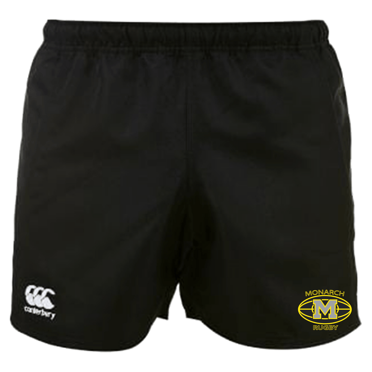 Monarch Rugby Canterbury Black Professional Polyester Pocketed Rugby Shorts with a yellow and white logo.