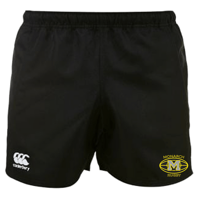 Monarch Rugby Canterbury Black Professional Polyester Pocketed Rugby Shorts with a yellow and white logo.