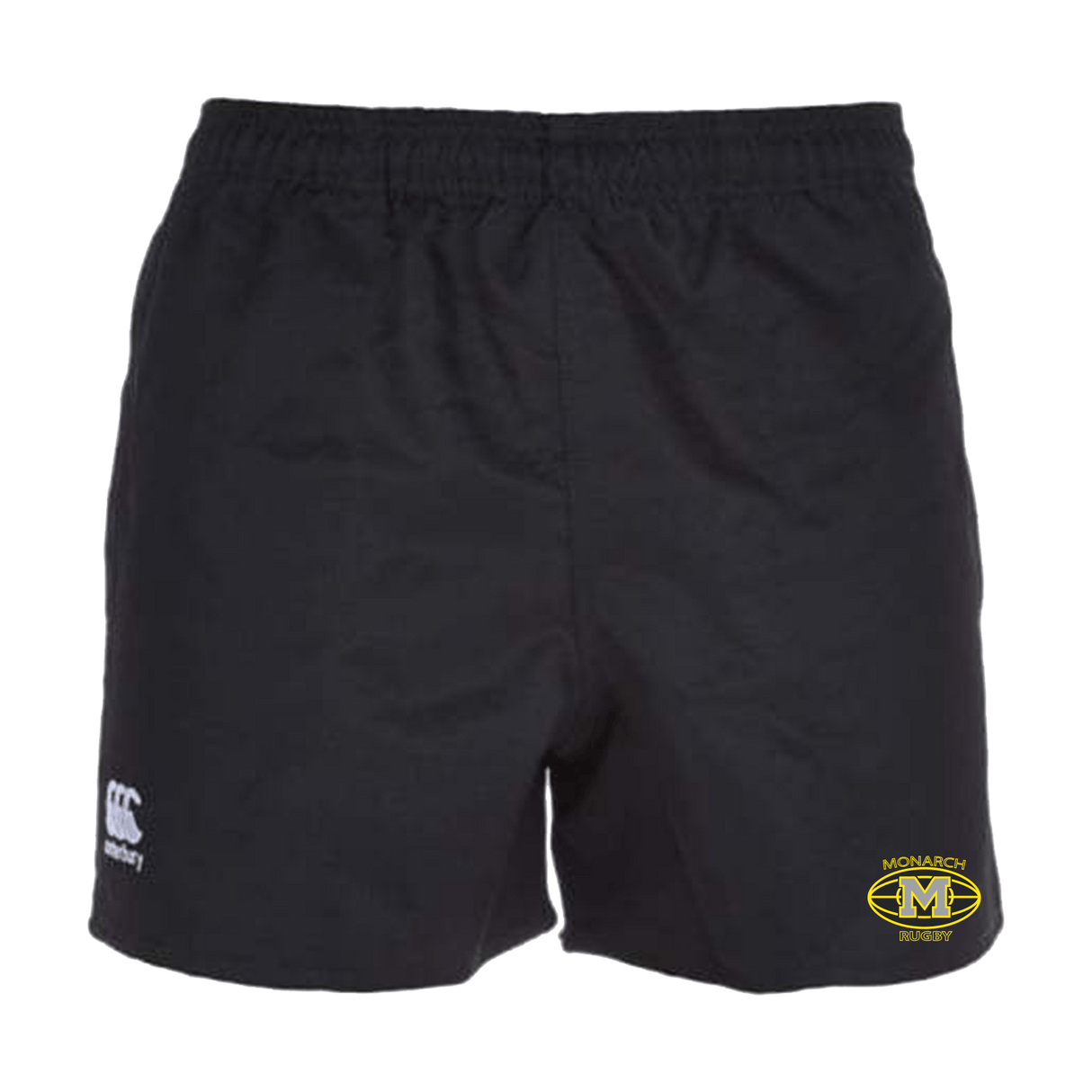 Monarch Rugby Canterbury Black Advantage Rugby Shorts with a yellow and white logo.