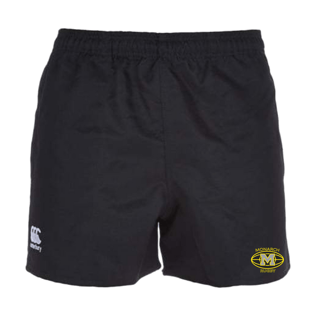 Monarch Rugby Canterbury Black Advantage Rugby Shorts with a yellow and white logo.