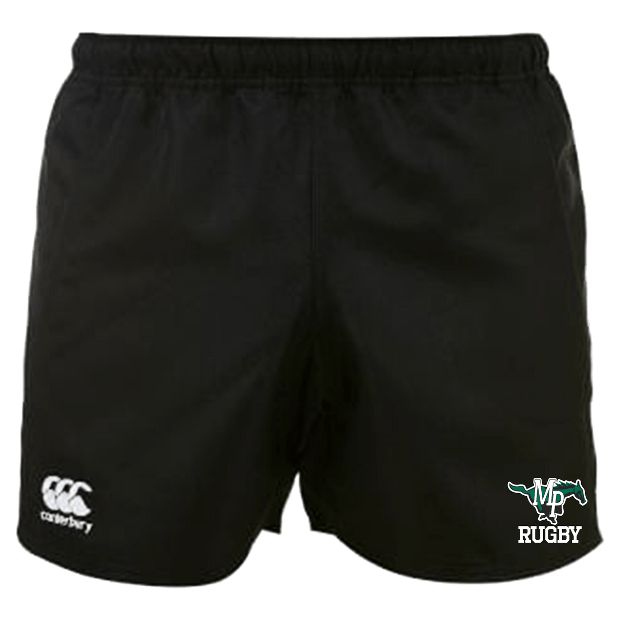 Myers Park Rugby Canterbury Women's Black Advantage Rugby Shorts with the words rugby on it.