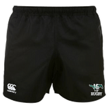 Myers Park Rugby Canterbury Women's Black Advantage Rugby Shorts with the words rugby on it.
