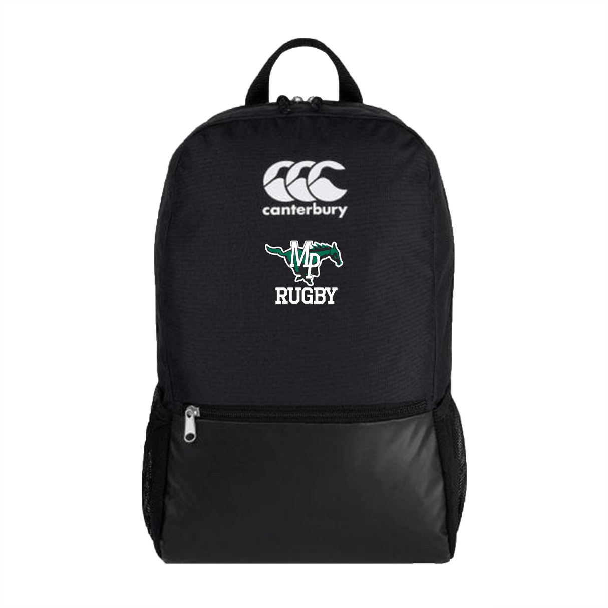A Myers Parks Crest Canterbury Medium Black Rugby Backpack with a white logo on it.