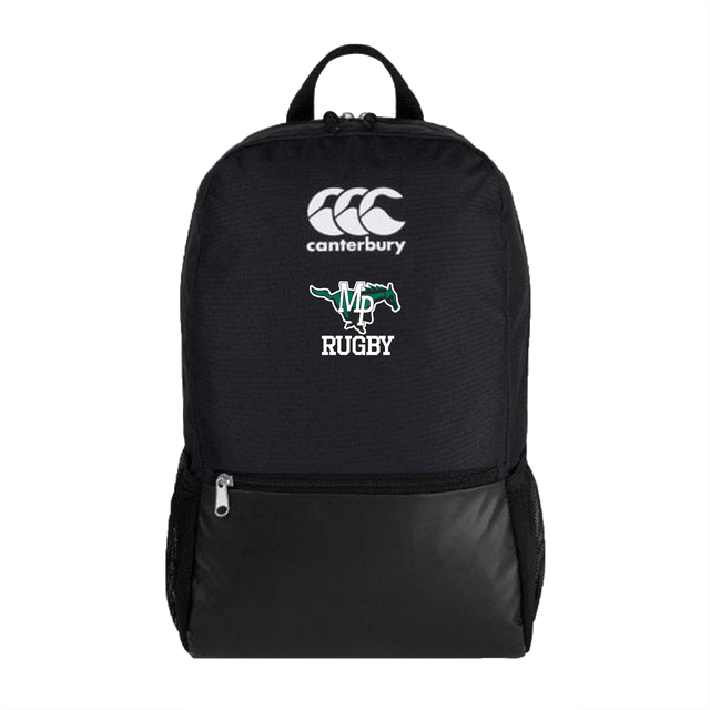 A Myers Parks Crest Canterbury Medium Black Rugby Backpack with a white logo on it.