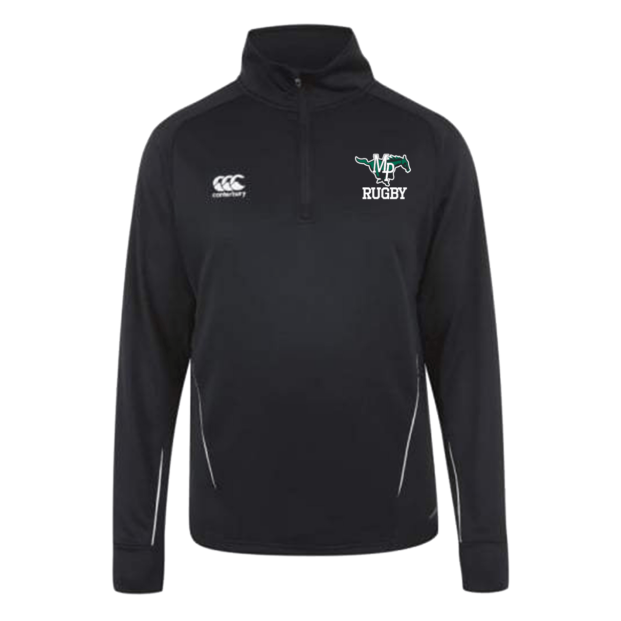 A Myers Park Rugby Canterbury Team 1/4 Zip Mid Layer Black Rugby Training Top with the words rugby on it.