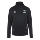A Myers Park Rugby Canterbury Team 1/4 Zip Mid Layer Black Rugby Training Top with the words rugby on it.
