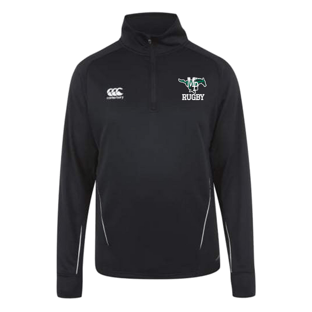 A Myers Park Rugby Canterbury Team 1/4 Zip Mid Layer Black Rugby Training Top with the words rugby on it.