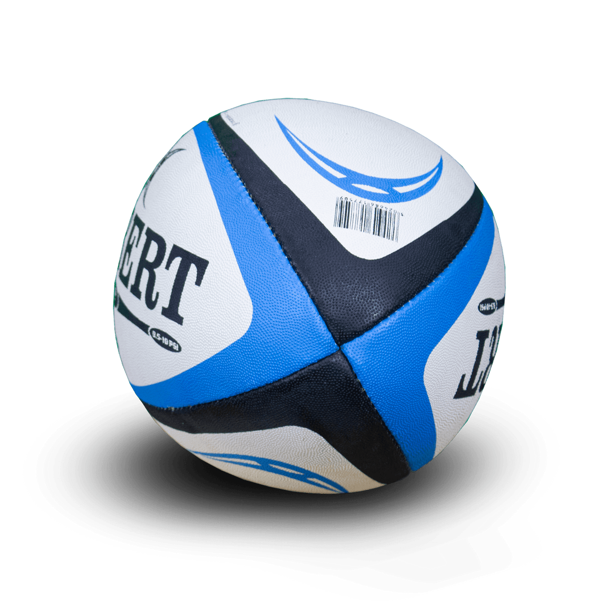 end angle photo of the omega match rugby ball in blue and white